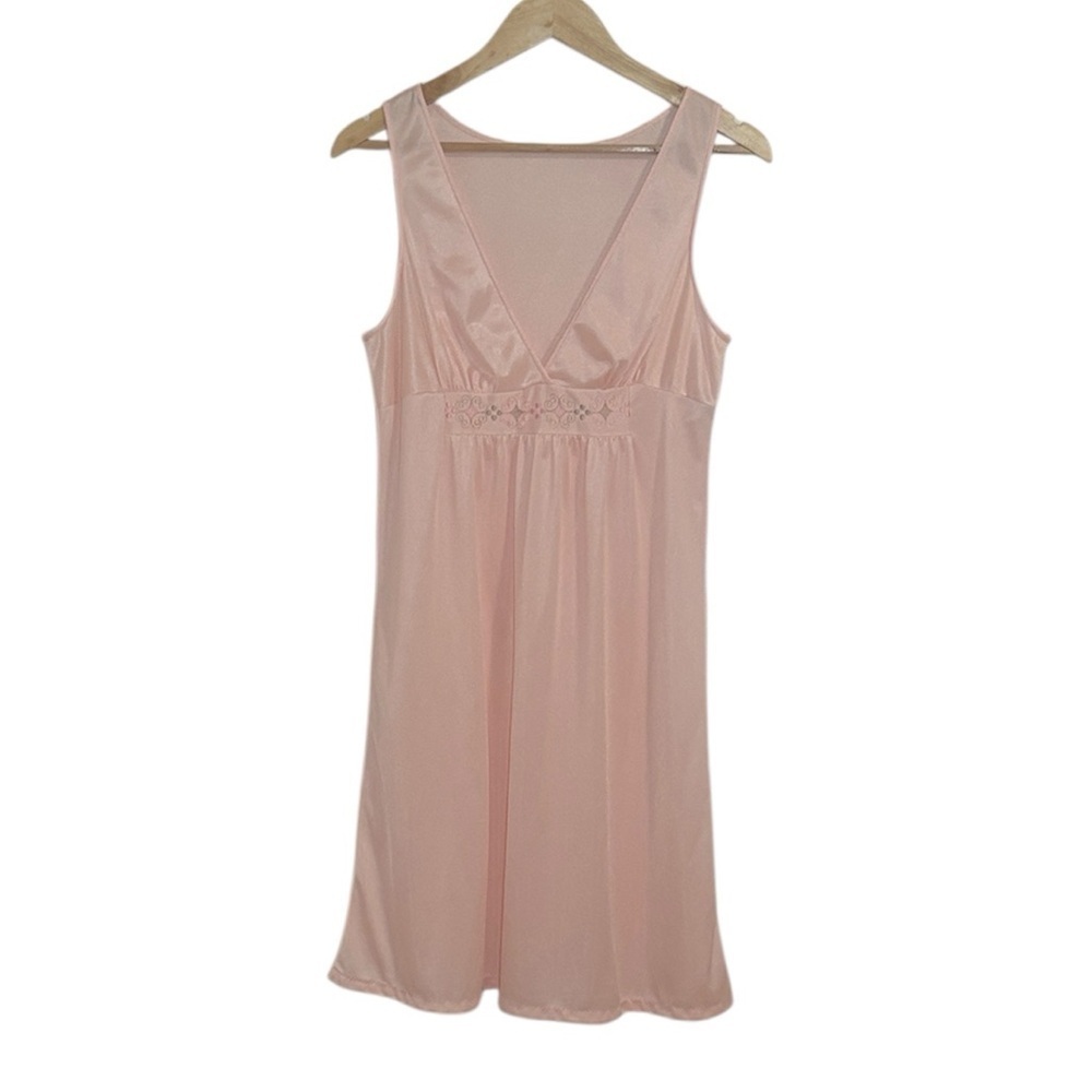 JC Penney Vintage Coquette Pink Nylon Nightgown, embroidered, Medium